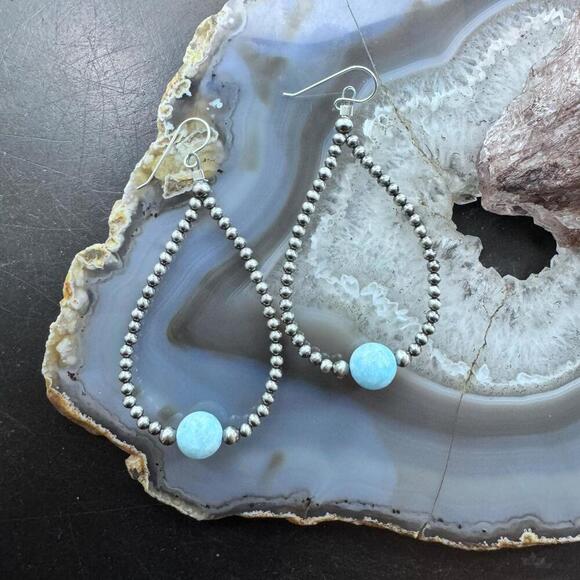 Native American Sterling Silver Navajo Beads w/Larimar Hoop Earrings For Women - Picture 2 of 10